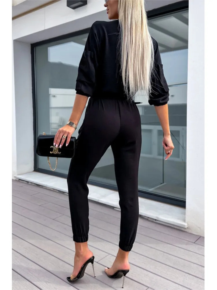 Autumn Jumpsuit Women Solid Color Vneck Belt Pocket High Waist Slim Jumpsuits Fashion Casual Commuting Ladies Bodysuits MsChuh 241225