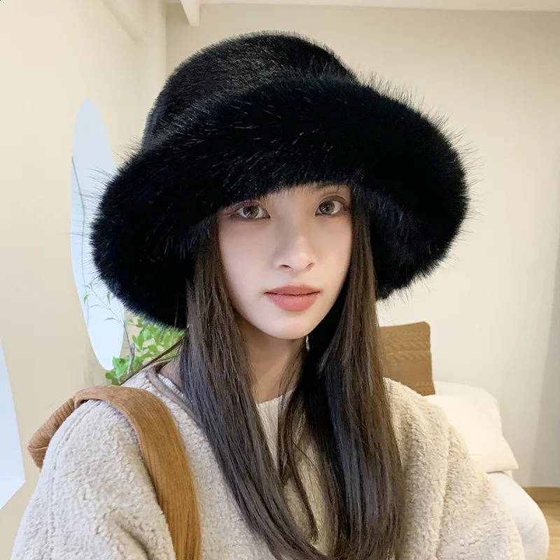 Winter womens artificial fur bucket hat thick snow oversized soft Panama 241223