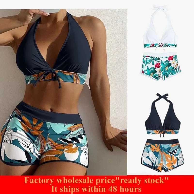 Womens two-piece bikini with printed bottom tie set swimsuit strap triangular swimsuitW241225