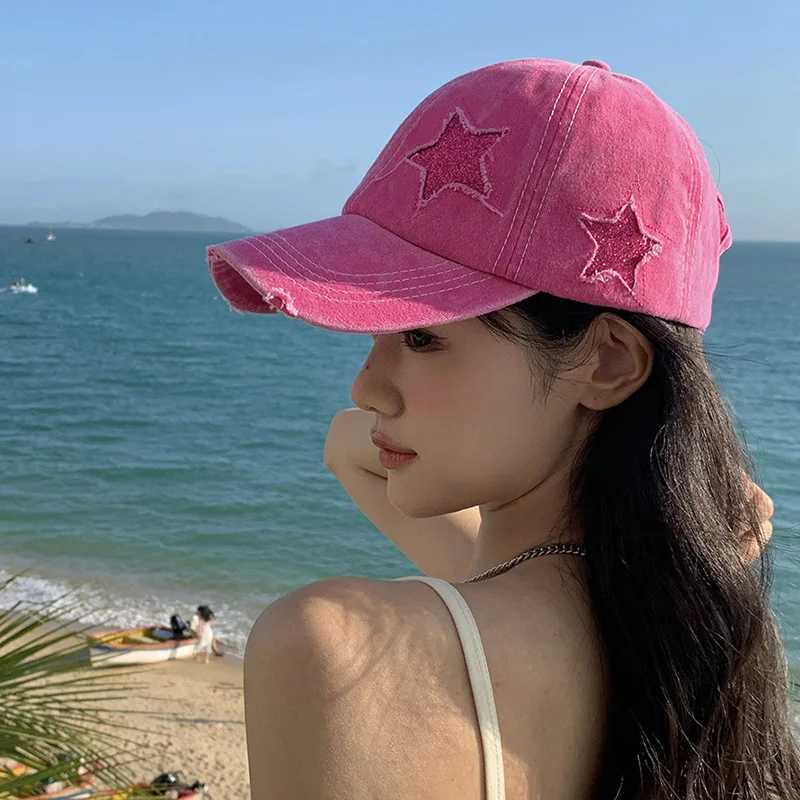 Punk hole star baseball cap womens retro washed cotton Y2K pink snap toe cap outdoor sports ponytail hanging hat W241225