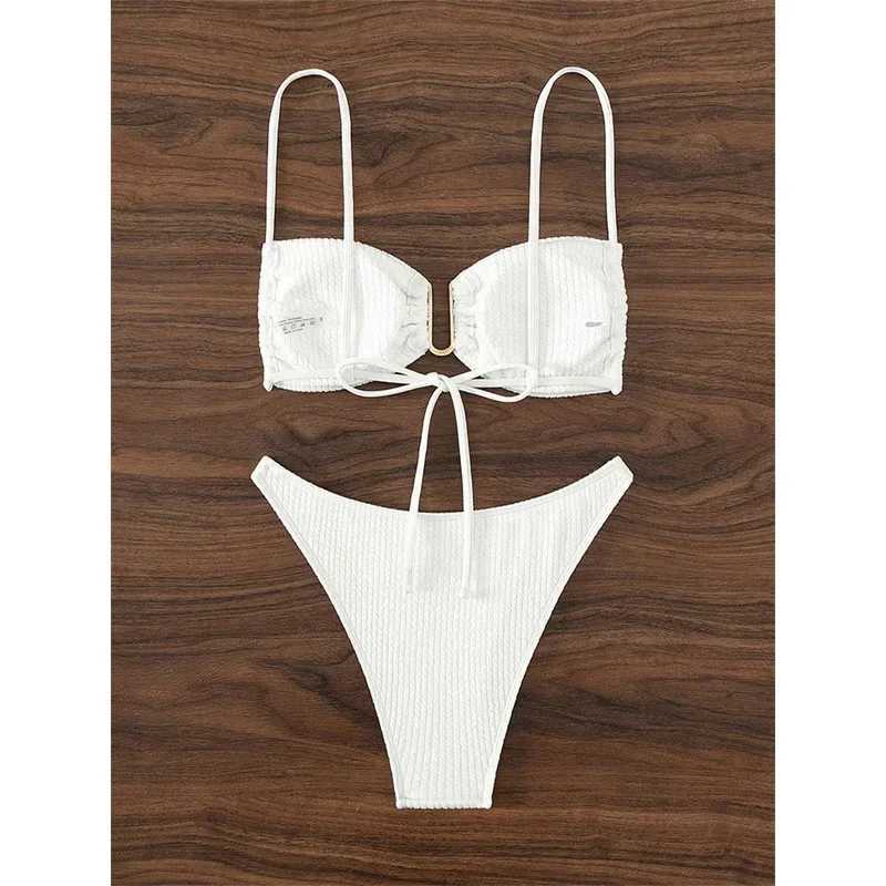 Sexy U-neck Bikini Set for Womens Pure White Black Push Up Folded Micro Swimsuit 2024 Brazilian Tailored Swimsuit thong SwimsuitW241225