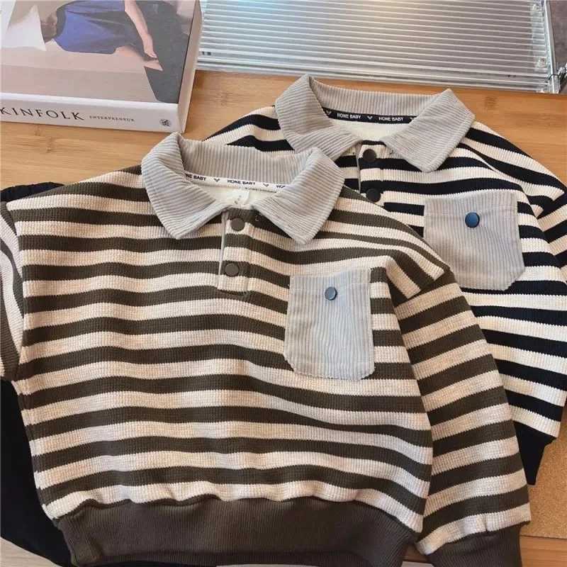 Boys Plush Sweater Autumn and Winter New Baby Long Sleeved POLO Shirt Korean Striped Childrens Winter ClothesXJ241225