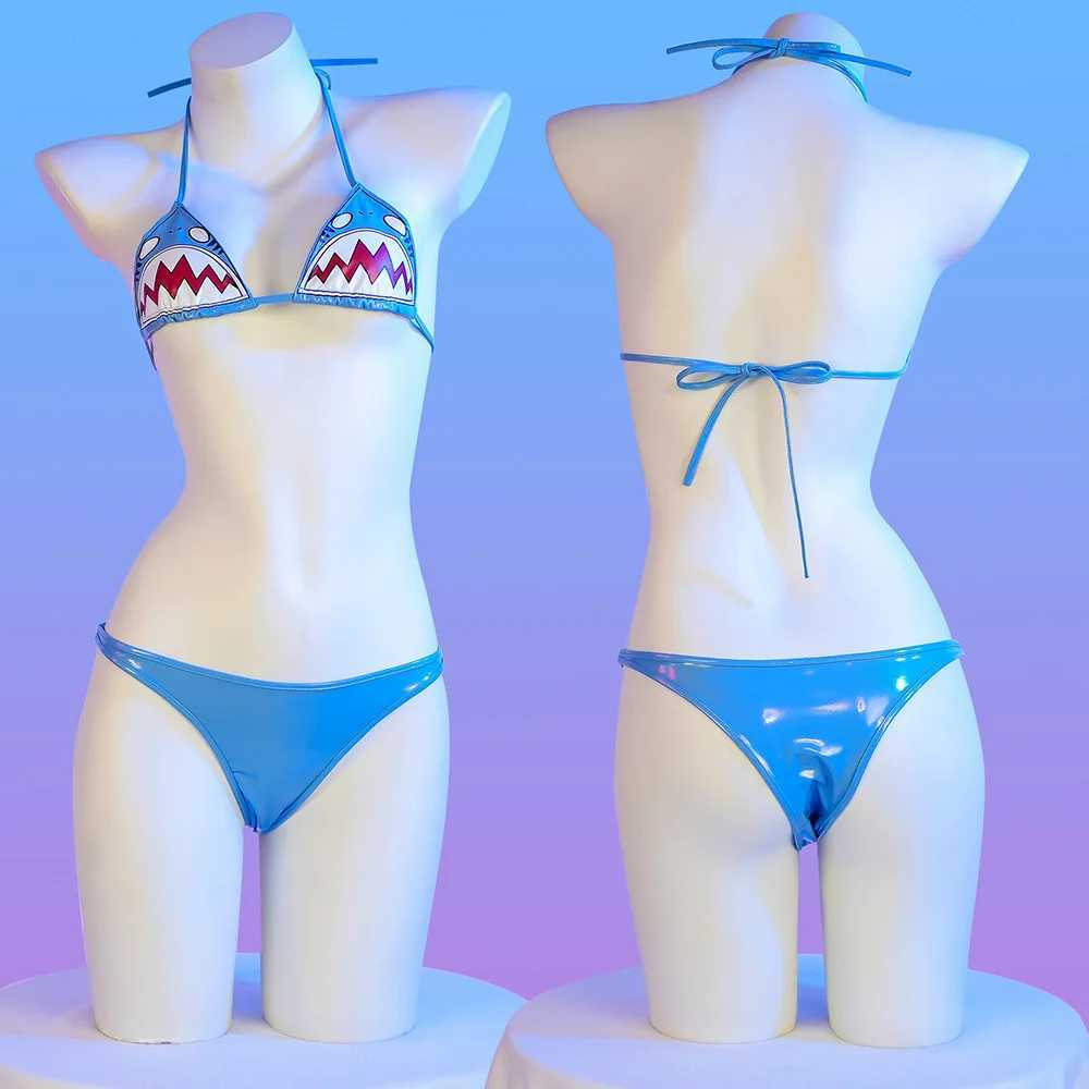 Sexy Bikini 2024 Womens Shark Printed PU Swimsuit Split Swimsuit Low Waist Leather Bikini Set Beach SwimsuitW241225