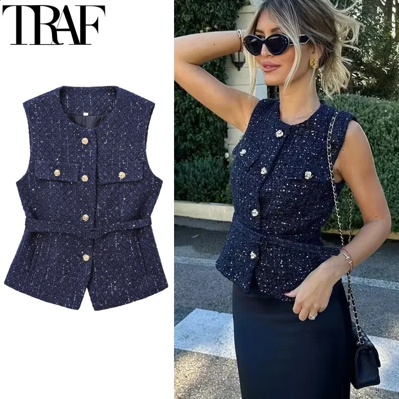 TRAF Womens Vests Cropped Tweed Sleeveless Vest Woman Office Autumn Blue Outerwears Formal Belt Waistcoat Women Short 241220