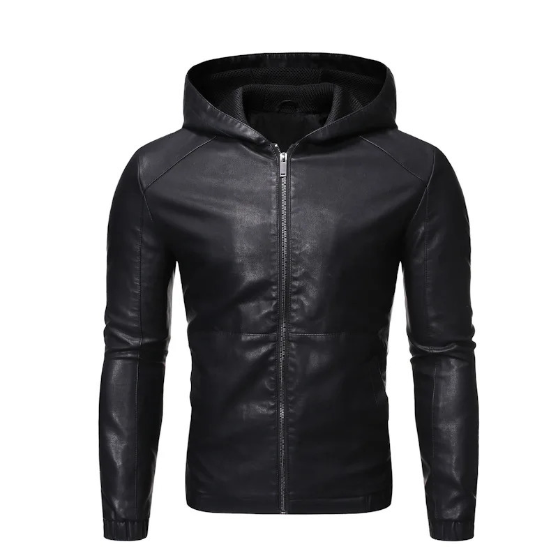 Leather mens autumn slim fit Korean version handmade hooded motorcycle jacket mens coat trend 241224