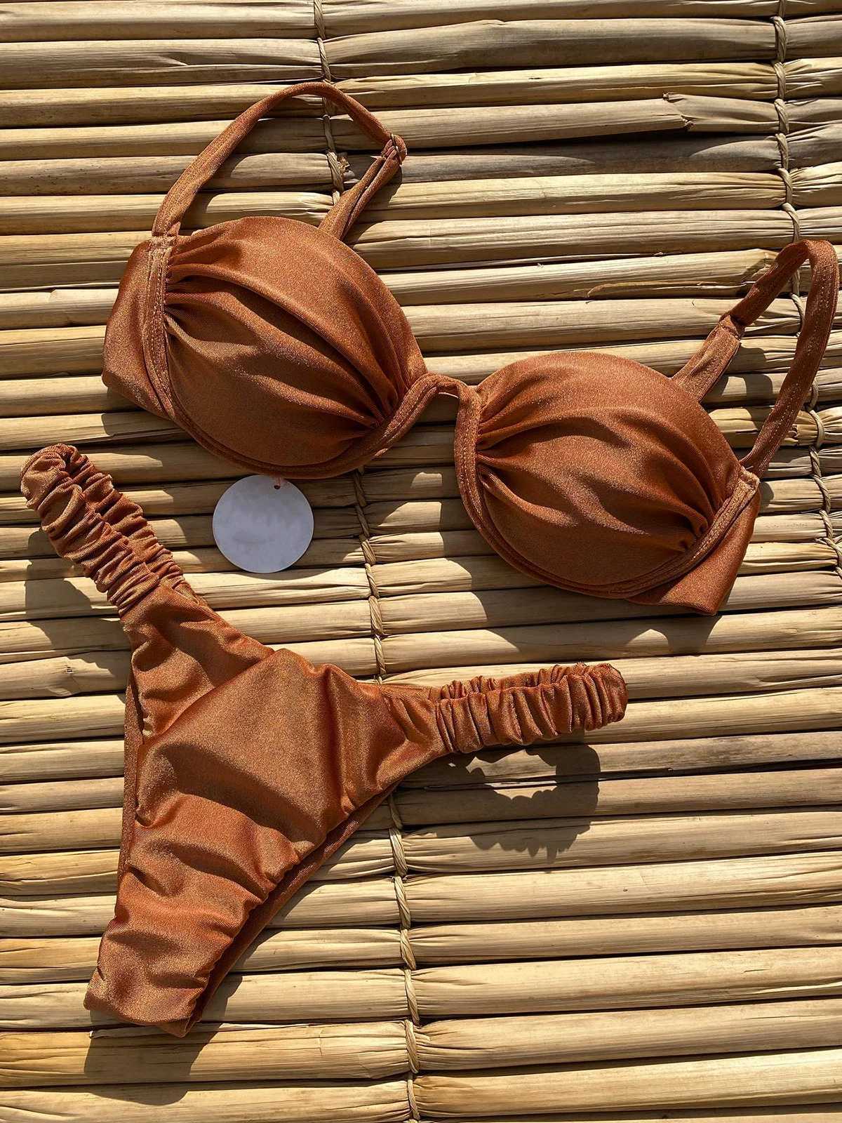 Push bikini 2024 sexy womens swimsuit womens swimsuit sexy bikini set Brazil Biquini swimsuit solid color shiny beachwearW241225