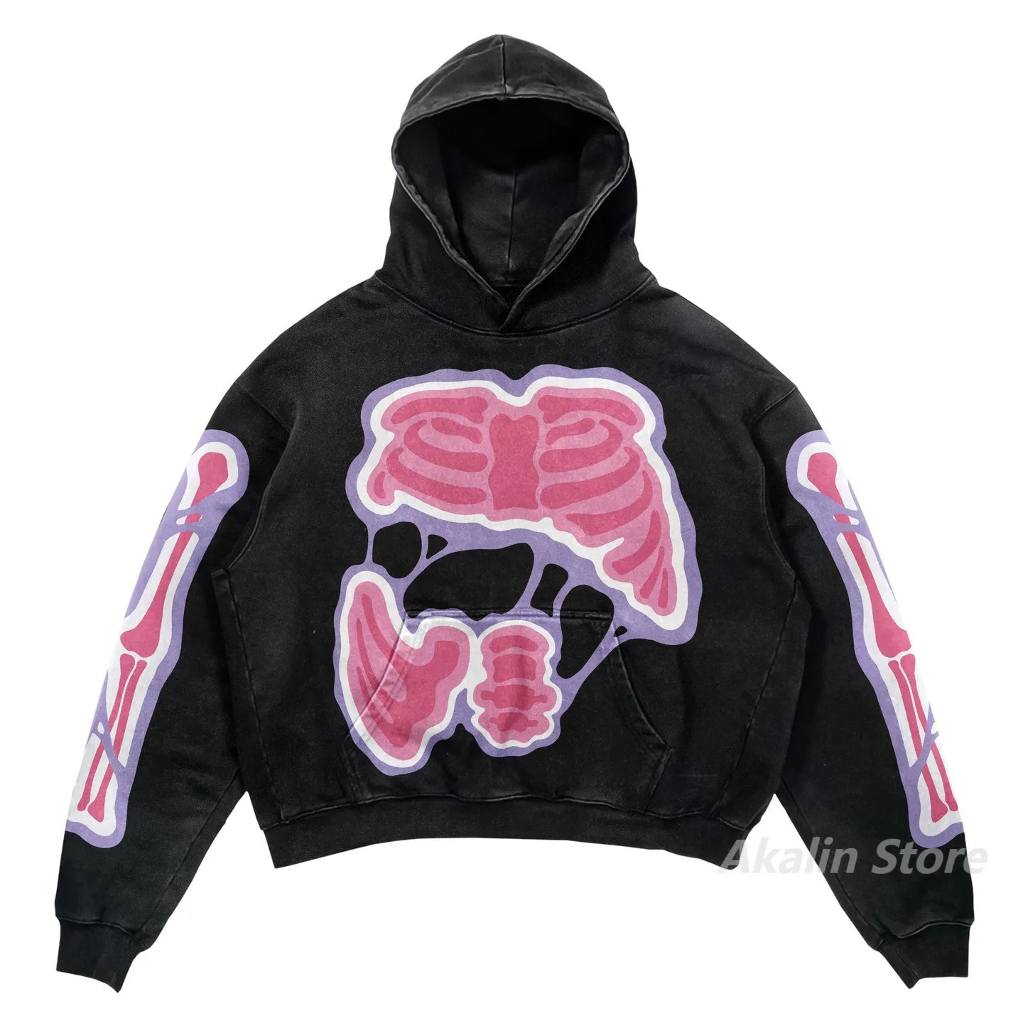 American style Skull hand Printing Hoodies Women Oversized harajuku streetwear women Tops Couples Sweatshirt Goth Y2k Clothes 241224