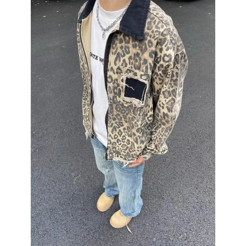 American leopard print handsome high street hip-hop zipper denim jackets women Y2K autumn winter trendy aesthetic couple jackets 241223