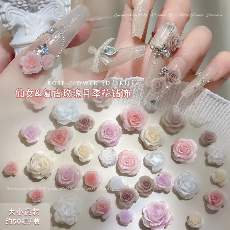 50PCS 3D Mix Sizes Beautiful Blossoming Rose Flowers Resin Adhesive Nail Art Rhinestones Decorations Manicure Kawaii Charms 241225