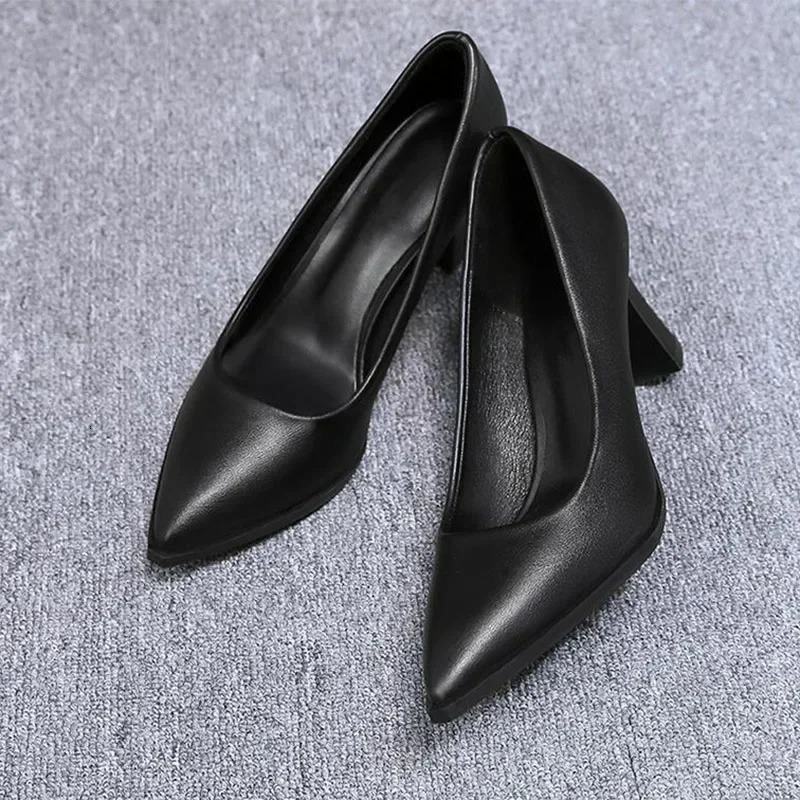 Black Womens Pumps 6-8cm Heel Soft PU Leather Non-slip Single Shoe Professional Interview High Heels Mid Heeled Work Shoes 241225