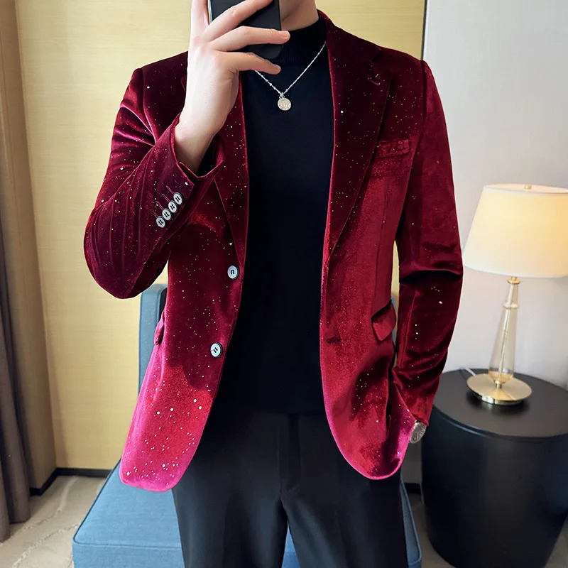 Autumn Velvet Jacket Mens Blazer Business Fashion Stamping Printed Suit Highquality y Dress 241225