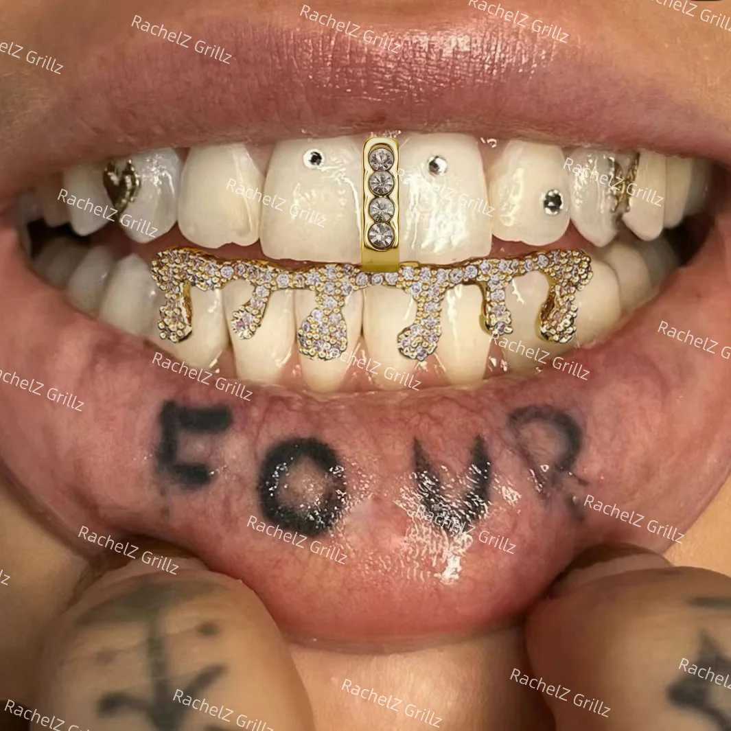 RACHELZ 2024 Hip Hop Water Drop Flame Zircon Teeth Grillz 14K Gold Plated CZ Stone Tooth Cs For Women Men JewelryXJ241225