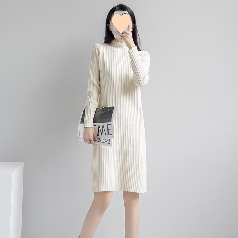 V65048 New knitted bottoming dress for women, autumn and winter high collar, medium and long style, temperament sweater long skirt over the knee