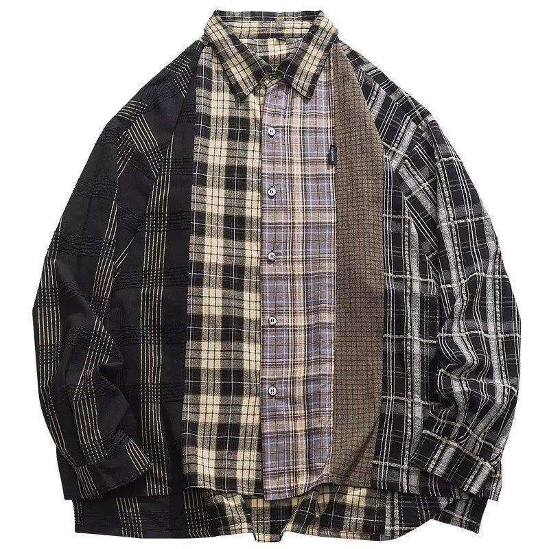 China-Chic American Street Splice Plaid Men's Long Sleeve Spring And Autumn Fashion Brand Japanese Vintage Couple Shirt