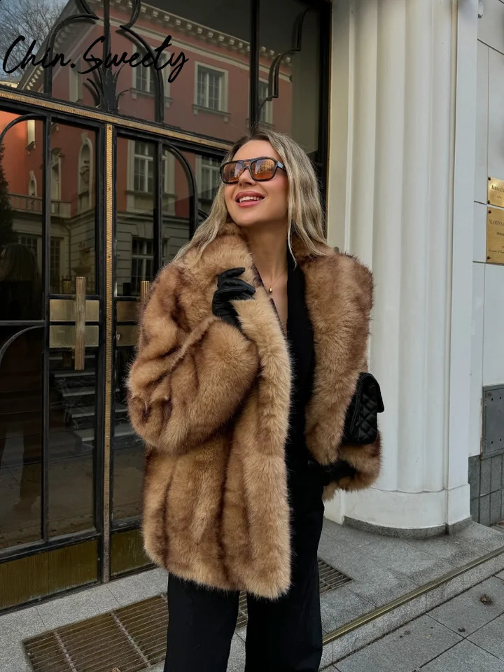 Street Faux Fur Women Coat Urban Full Sleeve Lapel Panelled Pocket Female Outwear 2024 Autumn Winter Elegant Lady 241223