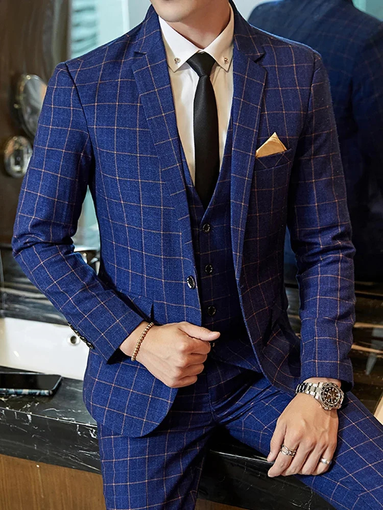 Blazer Vest Pants Groom Wedding Dress Stage Party Suit Three Piece Set and Two Mens casual business classic plaid suit 241225