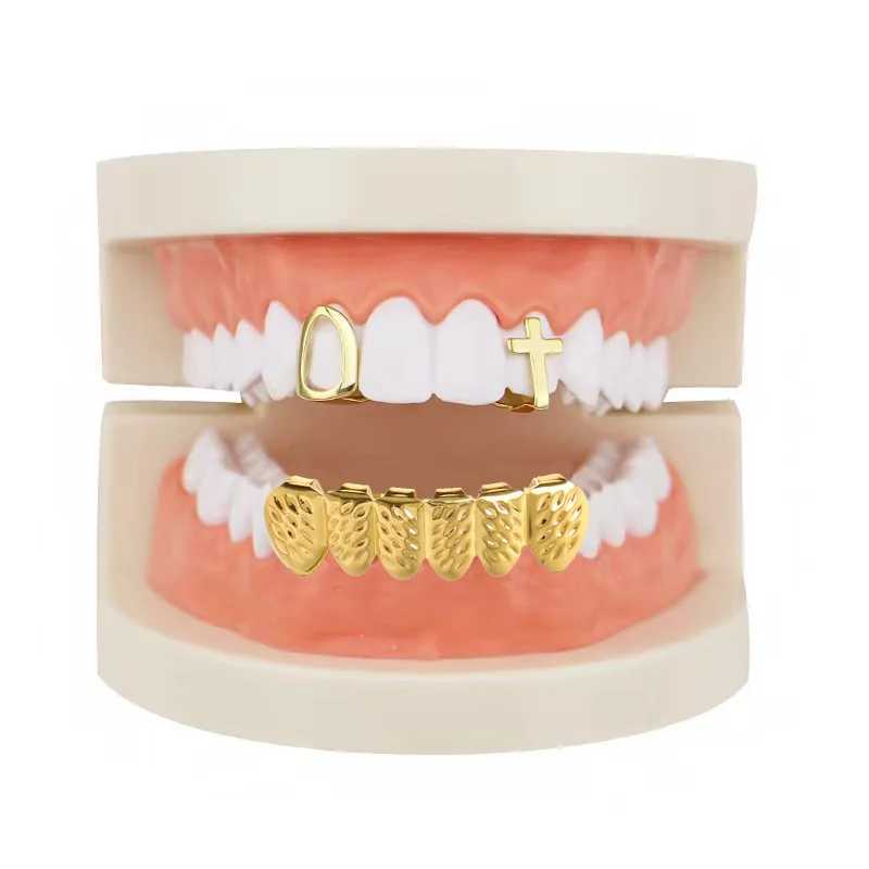 Hip Hop Teeth Cs Grillz With Cross Hollow Out Micro Pave Top Bottom Charm Grills For Men Women Jewelry Party DecorativeXJ241225