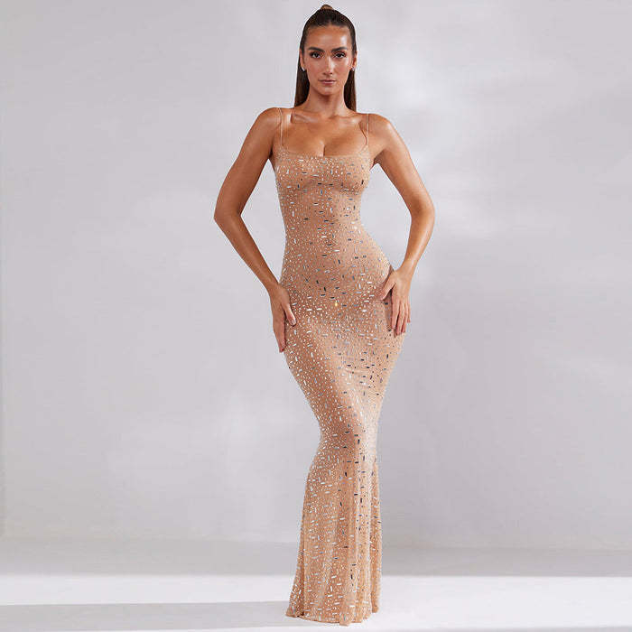 Diamond Long Evening Dress Women Spaghetti Straps Sleeveless Mermaid Slim Bodycon Dress One-piece Sexy Summer Clothes