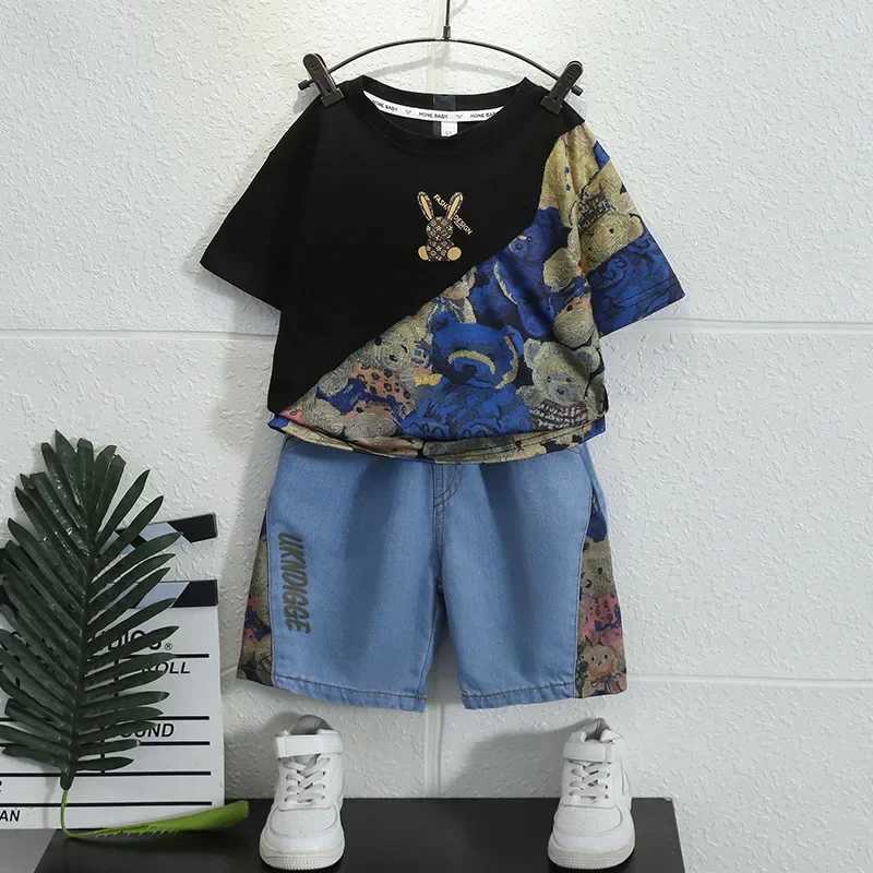 Clothing Sets Summer Children Boy Clothes Kid Girl Cartoon Bear T-Shirts Jeans Shorts Suit Fashion Short Sleeve Top and Bottom 2 Pieces SetY241225F7FI