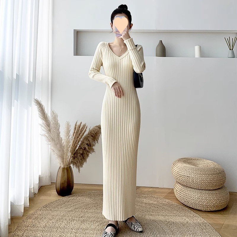 FA1088 Long sweater dress over the knee for women new autumn and winter slim fit bottoming inner ankle knitted dress long skirt