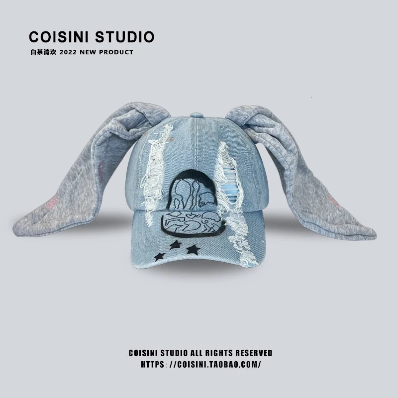 Niche Y2k Rabbit Ears Denim Ripped Baseball Cap Men and Women Dark Personality Metal Ring Street Trend Adjustable Sports Hat 241225