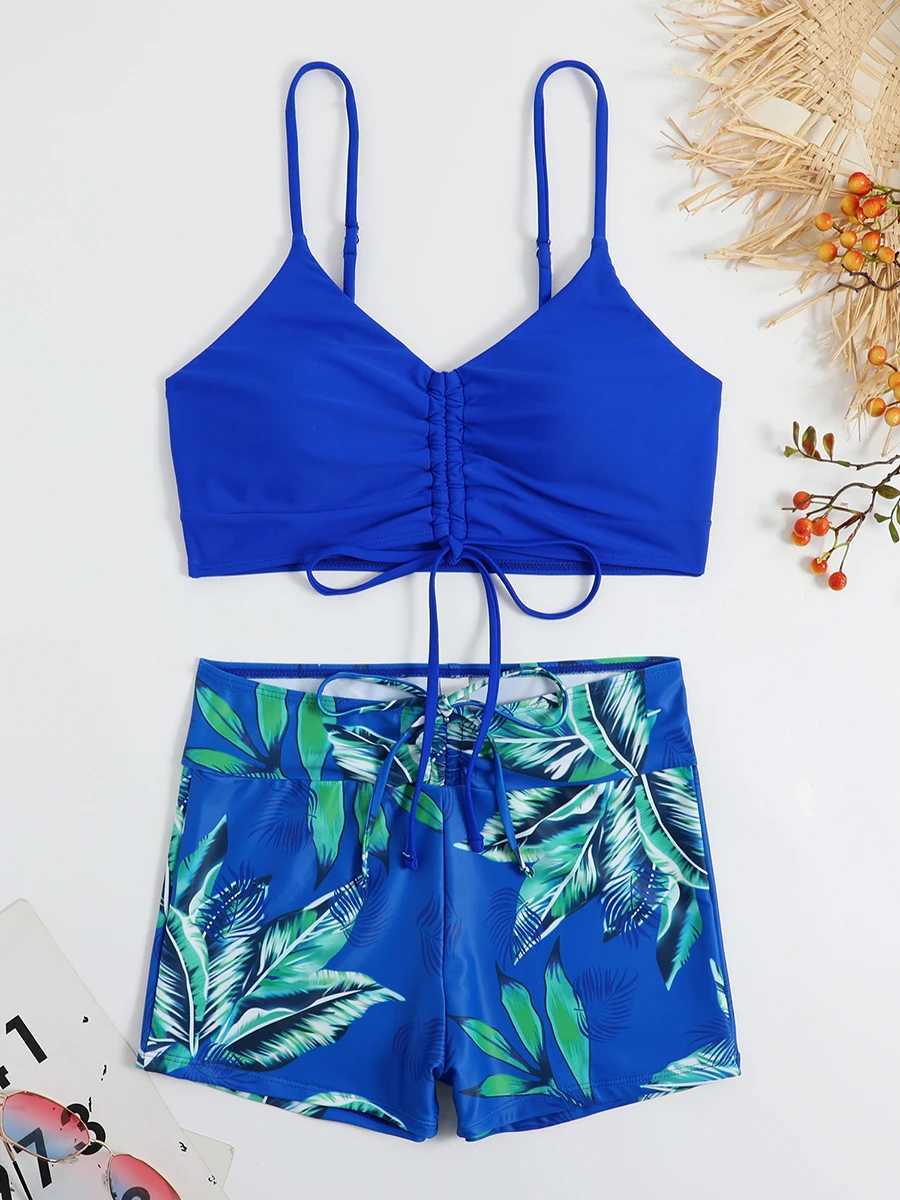 Tropical Print Drawstring Bikini 2024 Women High Waist Swimsuit Tie Front Shorts Swimwear Female Bathing Suit Swimming SummerW250214
