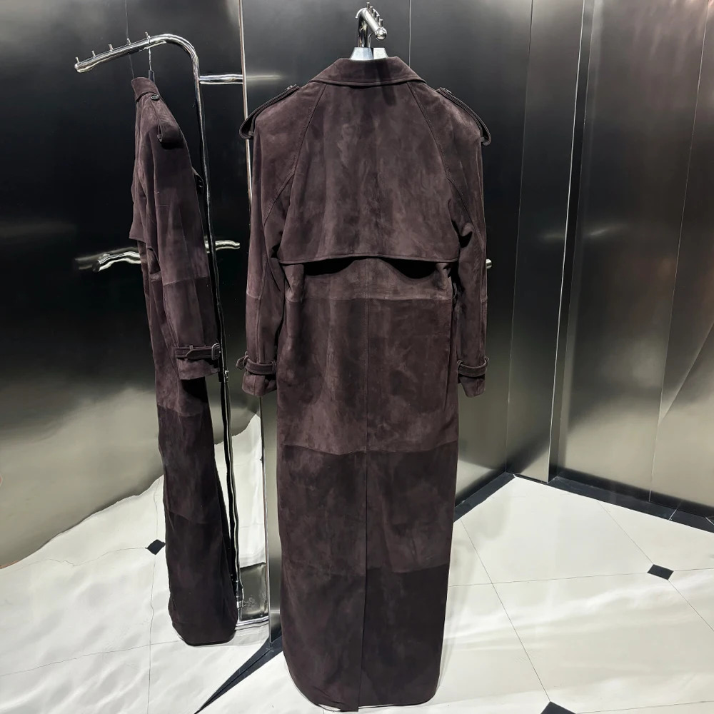 Womens Real Long Leather Trench Coat Floor Length Windbreaker High Quality Autumn Outwear 2024 241225