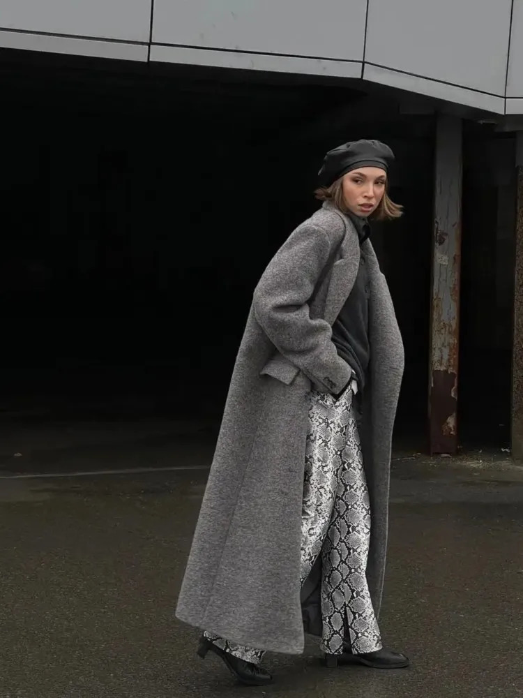 Gray Loose Woolen Blends Long Coat Warm Causal Pockets Overcoat Winter Double Breasted Elegant Outwear Lady Thickening Jacket 241225