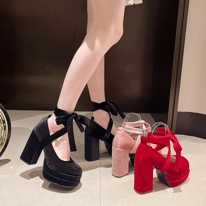 Platform Women Mary Jane Shoes Ladies Fashion Cross-tied Thick High Heel Footwear Womens Elegant Dress Pumps Shoes 241225