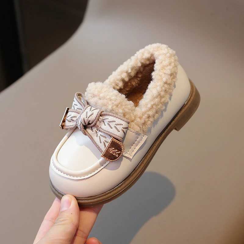 Athletic Outdoor 2-16 Years Old Girls Padded Leather Shoes Winter Beige Bow Girls Loafers Brown Soft Bottom Non-slip Childrens Snow Boots Shoes H24122