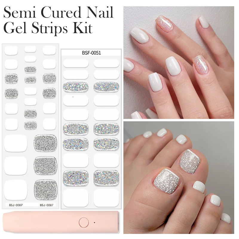 Semi Cured Gel Nail Strips Kit With Nail Lamp LED 2 In 1 White Black Foot Nail Patch Sliders UV Lamp Needed Full Cover Stciker 241225