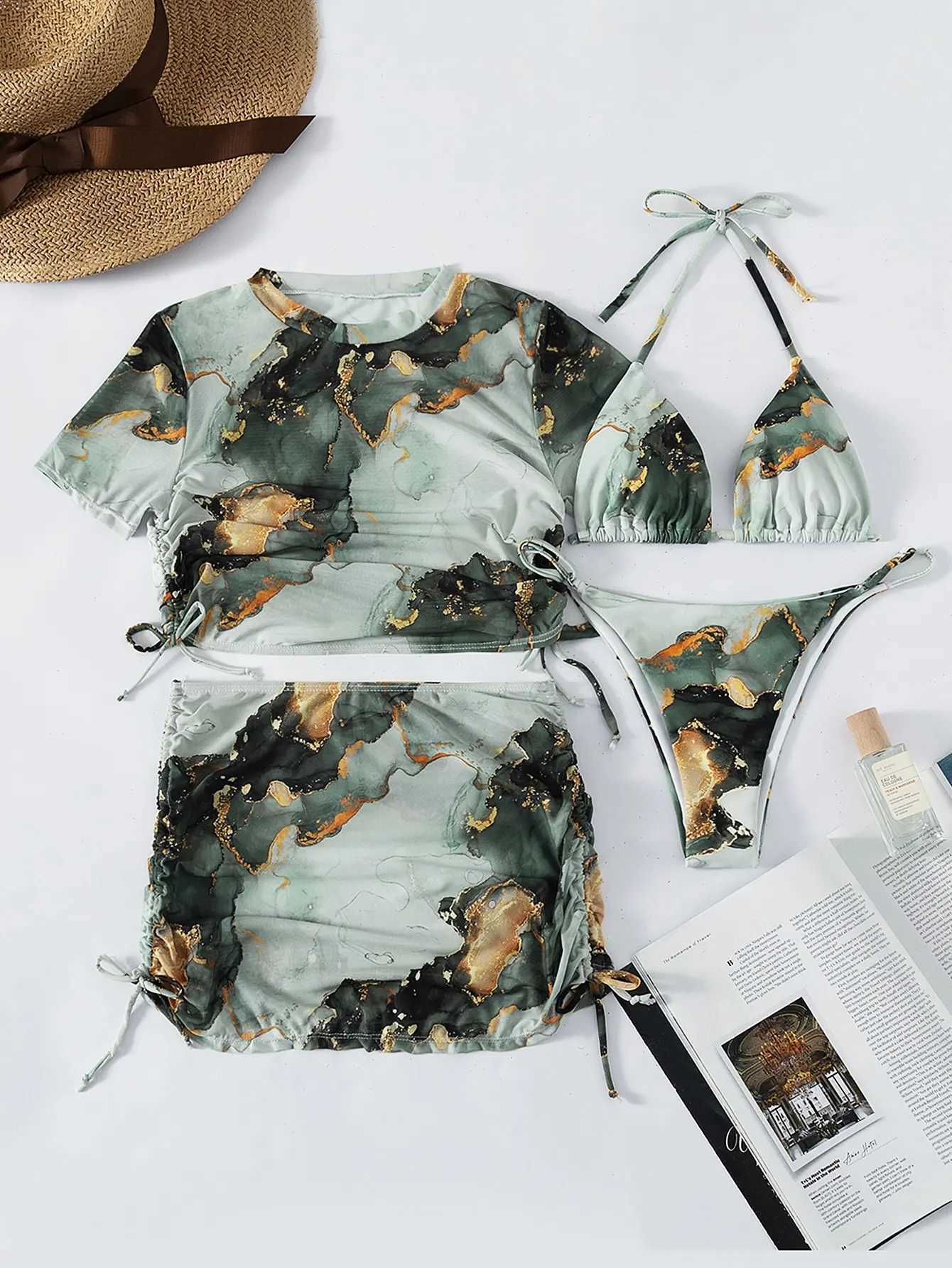 4 pieces of camisole bikini swimsuits marble print covering 2024 swimsuits womens beachwear shower swimsuits summer womens swimsuitsW241225