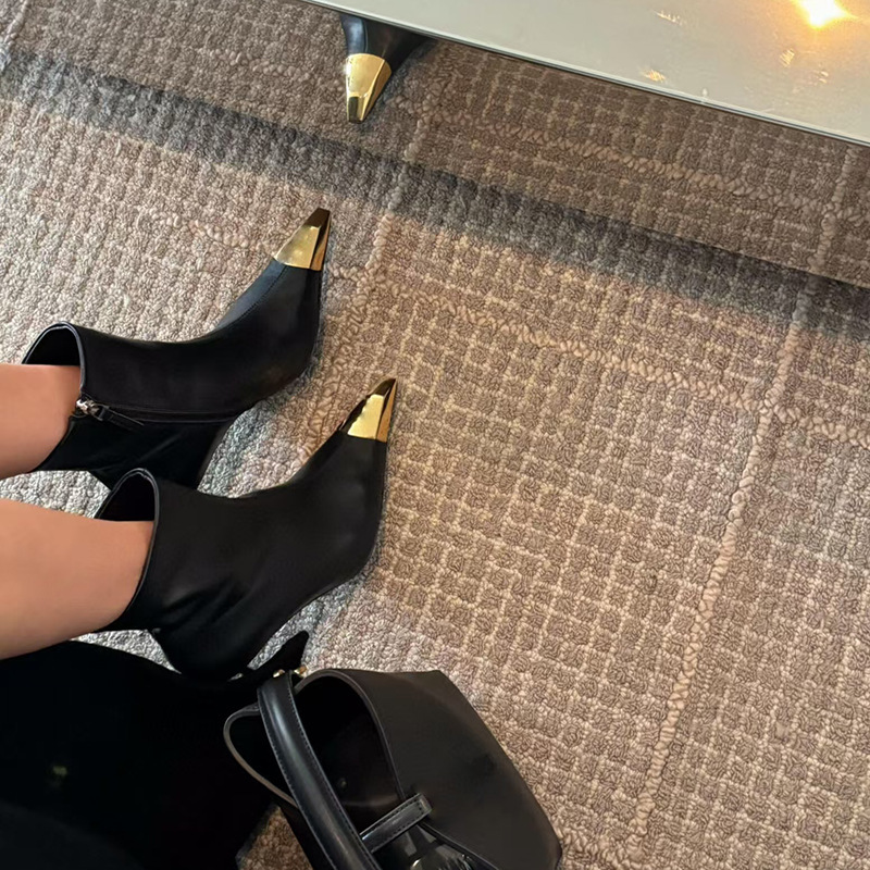 24X1 New 2024 Metal Small Square Toe Slim Heel High-Heeled Shoes Versatile, Fashionable And Comfortable, Side Zipper Short Boots For Women