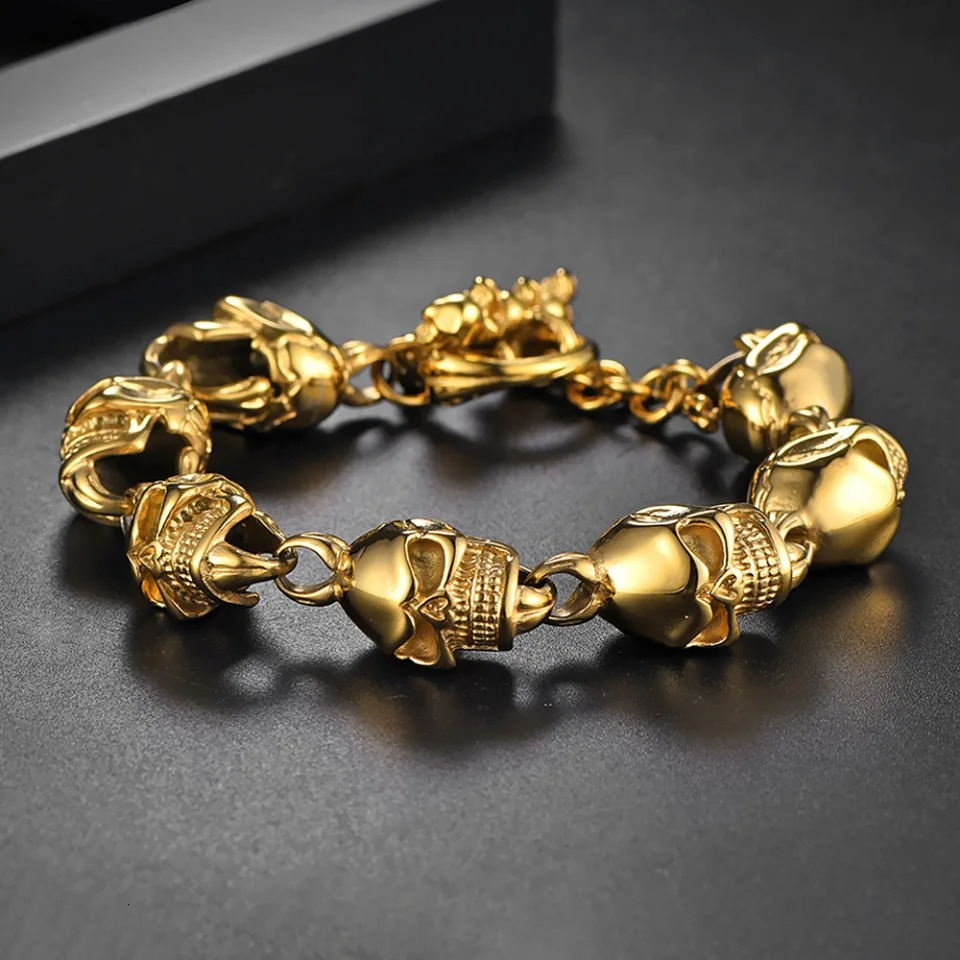 Gothic Vintage Stainless Steel Skull Bracelet Hip Hop Rock Silver/Black/Gold Color Skeleton Bracelets Male Biker Jewelry Gifts 241225