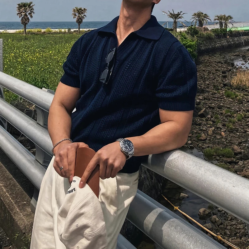 Sexy Hollow Out Knitted Polo Shirts Men Trendy Solid Color Short Sleeve Lapel Knit Tops Summer Mens Slim Knitting Mesh Polo Tees 241224
