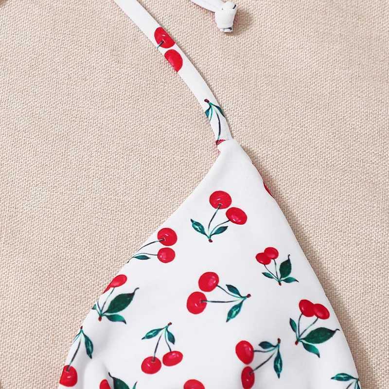 Cherry Print swimsuit suspender mini bikini thong sexy swimsuit womens lace top yukata triangle bikini 2024 MUJIW241225