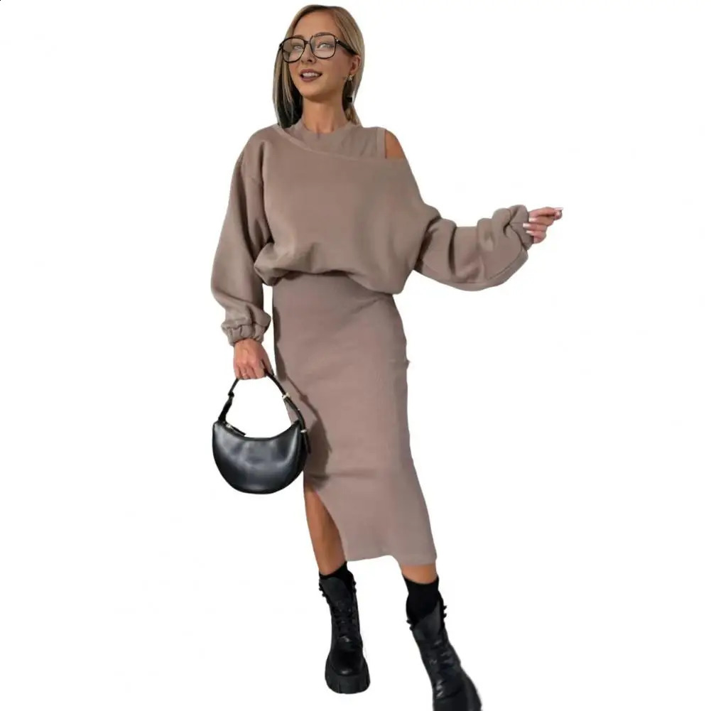 2 Pcs Vintage Women Sweatshirt Dress Set Round Neck Long Bat Sleeve Loose Top Slim Fit Fall Winter Casual Commuting Outfit 241220