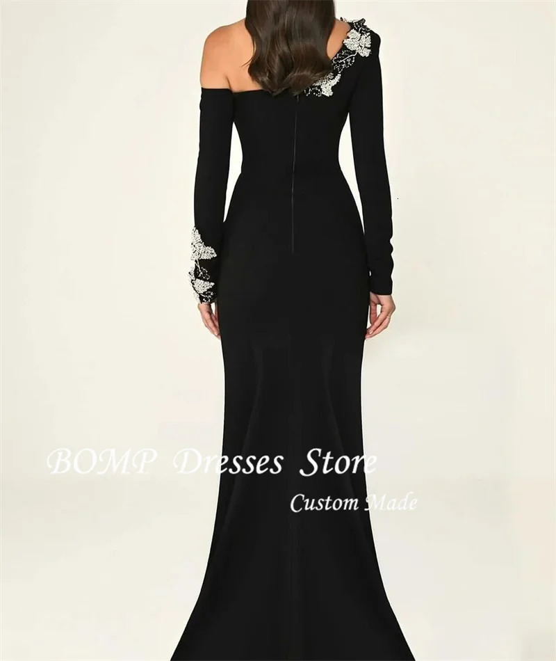 BOMP Black Formal Evening Dresses Long Sleeves Applique Side Split Soft Satin Prom Gowns Dubai Arabic Women Vestidos Customized 241223