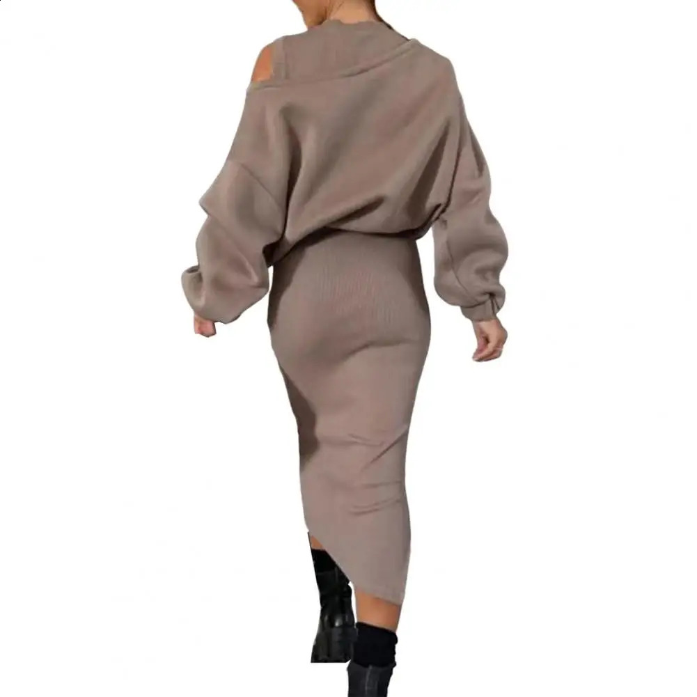 2 Pcs Vintage Women Sweatshirt Dress Set Round Neck Long Bat Sleeve Loose Top Slim Fit Fall Winter Casual Commuting Outfit 241220