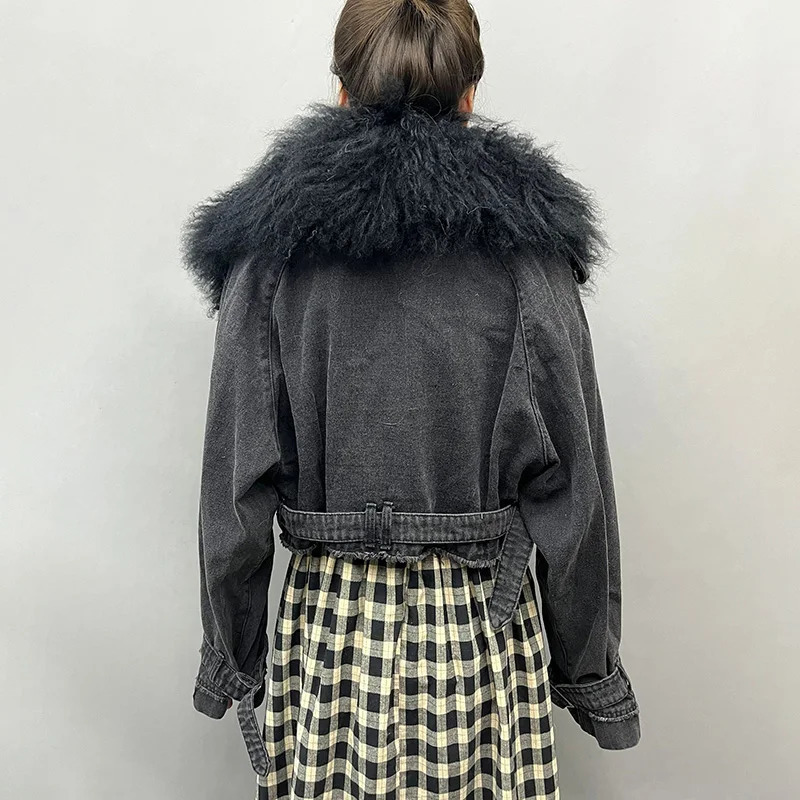 Arrivals Fluffly Real Mongolian Fur Denim Jacket Women Big Collar Natural Fur Coat Lady Fashion Denim Coat 241220