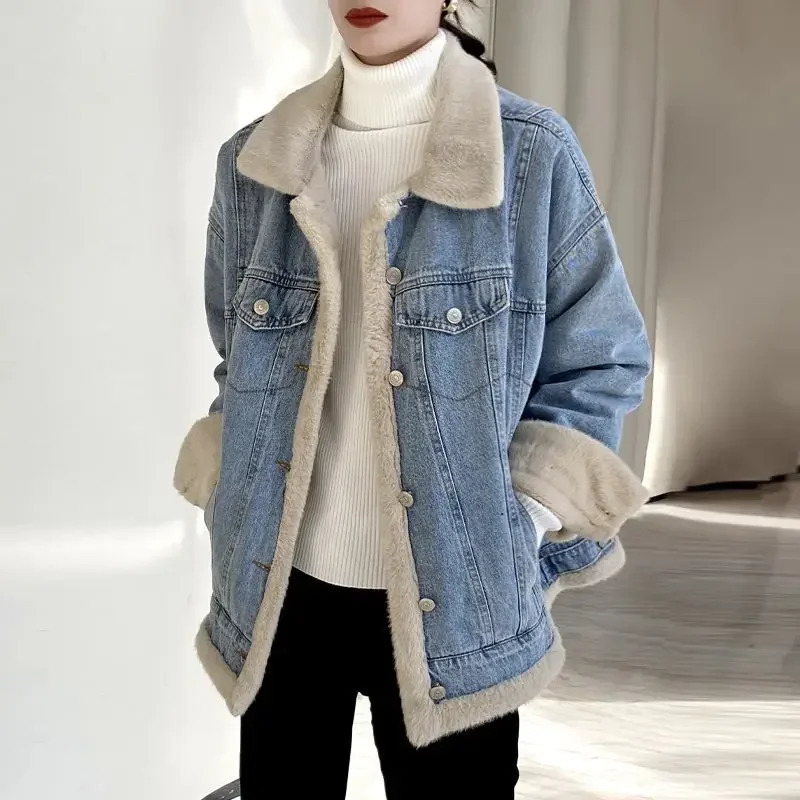 Outerwear Wool Inside Patchwork Padded Denim Jacket for Women Winter Cold Long Trench with Fur Plush Warm Woman Jean Coat 241220
