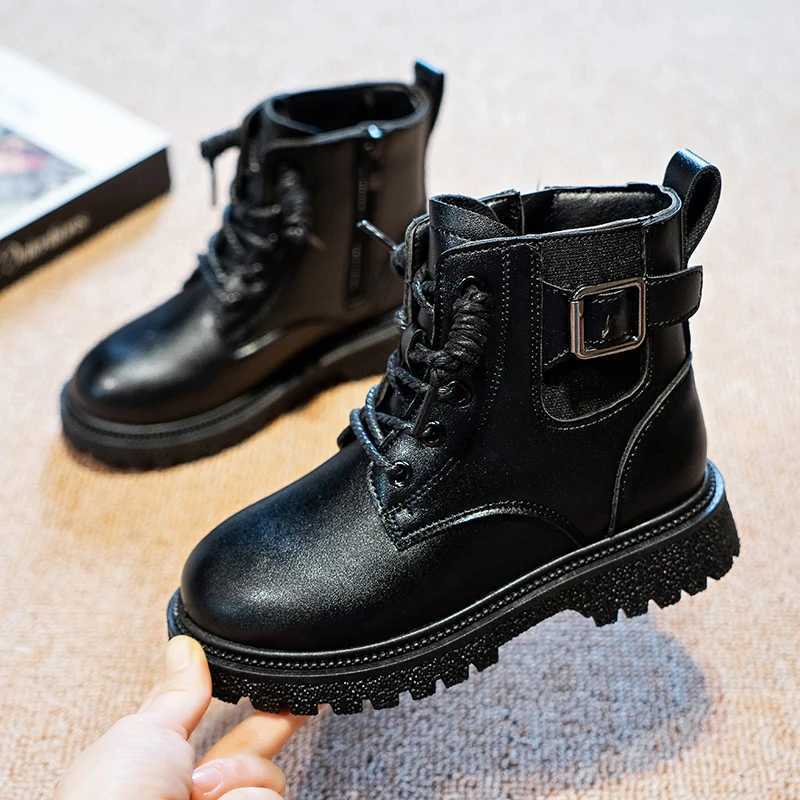 Athletic Outdoor Black Girls Boots 4 To 14 Years Fashion Autumn Winter Children Shoes Leather Non-slip British Style Ankle Boots for Girl Shoes H24122