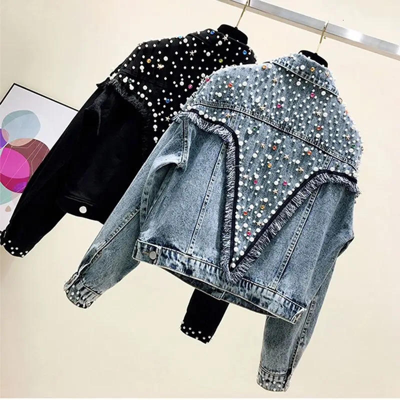 Women Denim Jacket Spring Autumn Beading Tassel Streetwear Casual Denim Jacket High Street Korean Fringe Loose Coat 3XL 241223