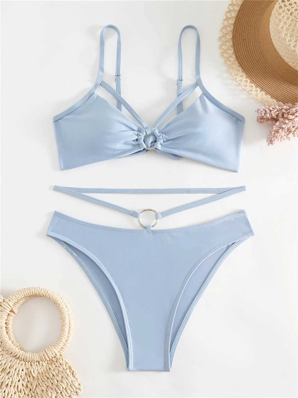 Buckle bikini 2024 womens shoulder strap swimsuit womens sexy solid swimsuit summer beachwear womens bath swimsuitW241225
