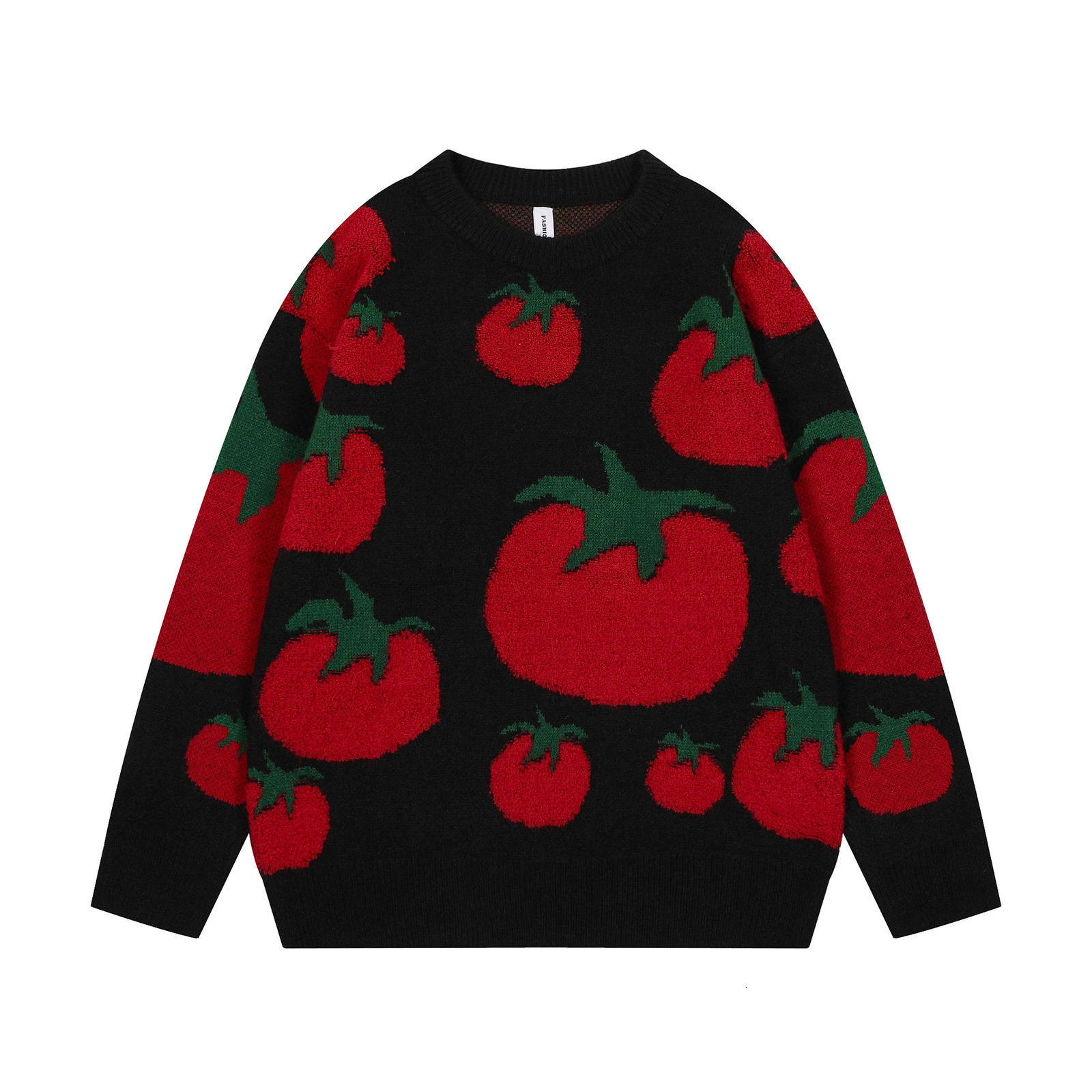 Japanese Fashion Knitwears Y2k Autumn and Winter Tomato Embroidery Knitted Sweater Mens Round Neck Cartoon Jumpers 241225