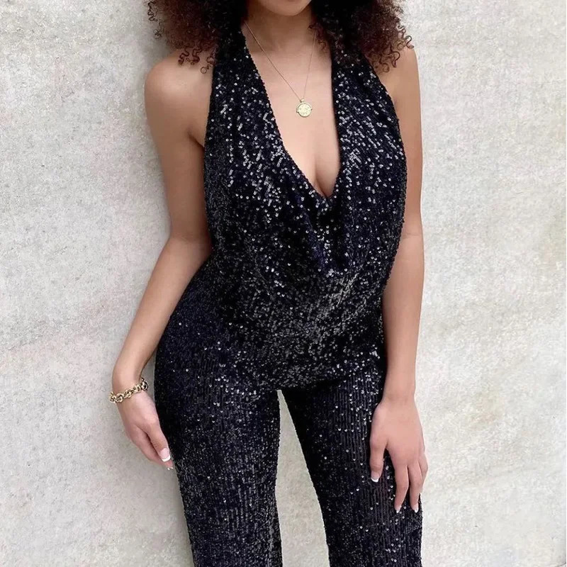 Summer Solid Color Sleeveless Halter Sequined Jumpsuit Fashion Straight Same Pants Women Overall Jumpsuits 241225