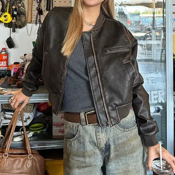 American Vintage Short Motorcycle Leather Jacket Women Clothing Autumn Retro Streetwear Loose Casual Brown Coat Tops 241223