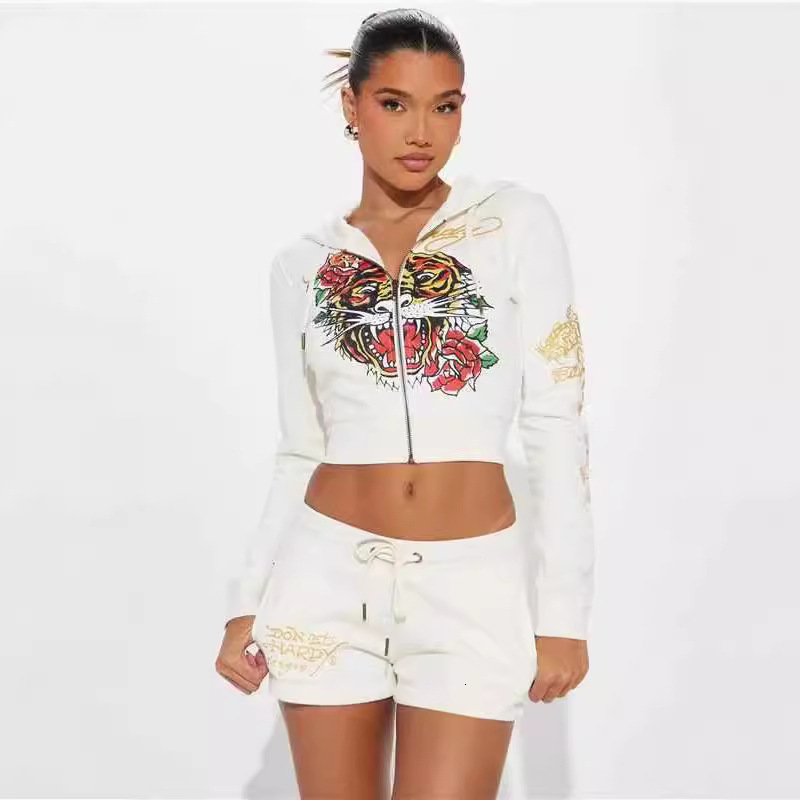 Funny Printed Women 2 Piece Long Sleeve Zipper Hooded Sweatshirts Biker Shorts Matching Set Fall Winter Fiess Outfits