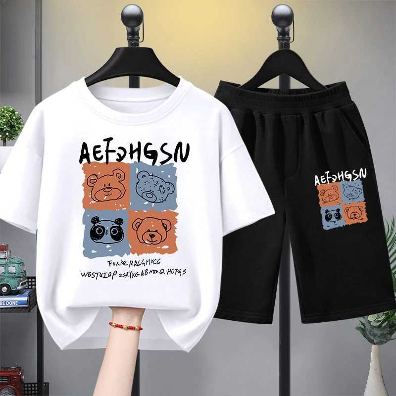 Clothing Sets Summer boys clothing set childrens and girls fashionable bear print T-shirt and shorts 2-piece set childrens casual topY241225703A