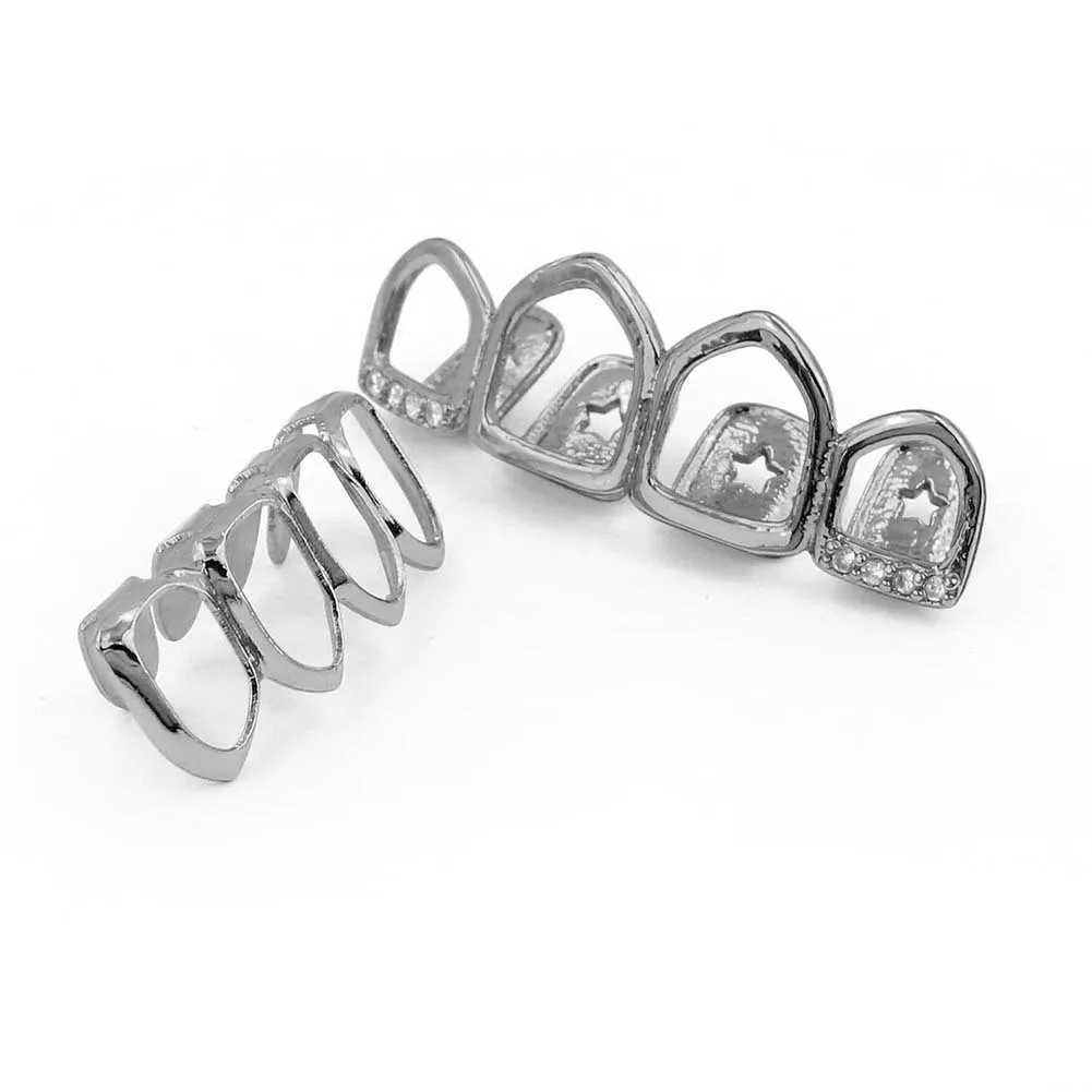 Fashion 4/4 Full Hollow CZ Teeth Grillz 14K Gold Plated Tooth Cs Decor Braces Fangs Dental Grills For Men Women JewelryXJ241225